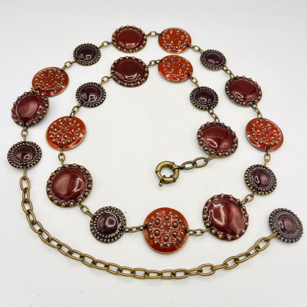 Chicos Red Burgundy Enamel Medallion Chain Belt Antique Brass Tone Adjustable